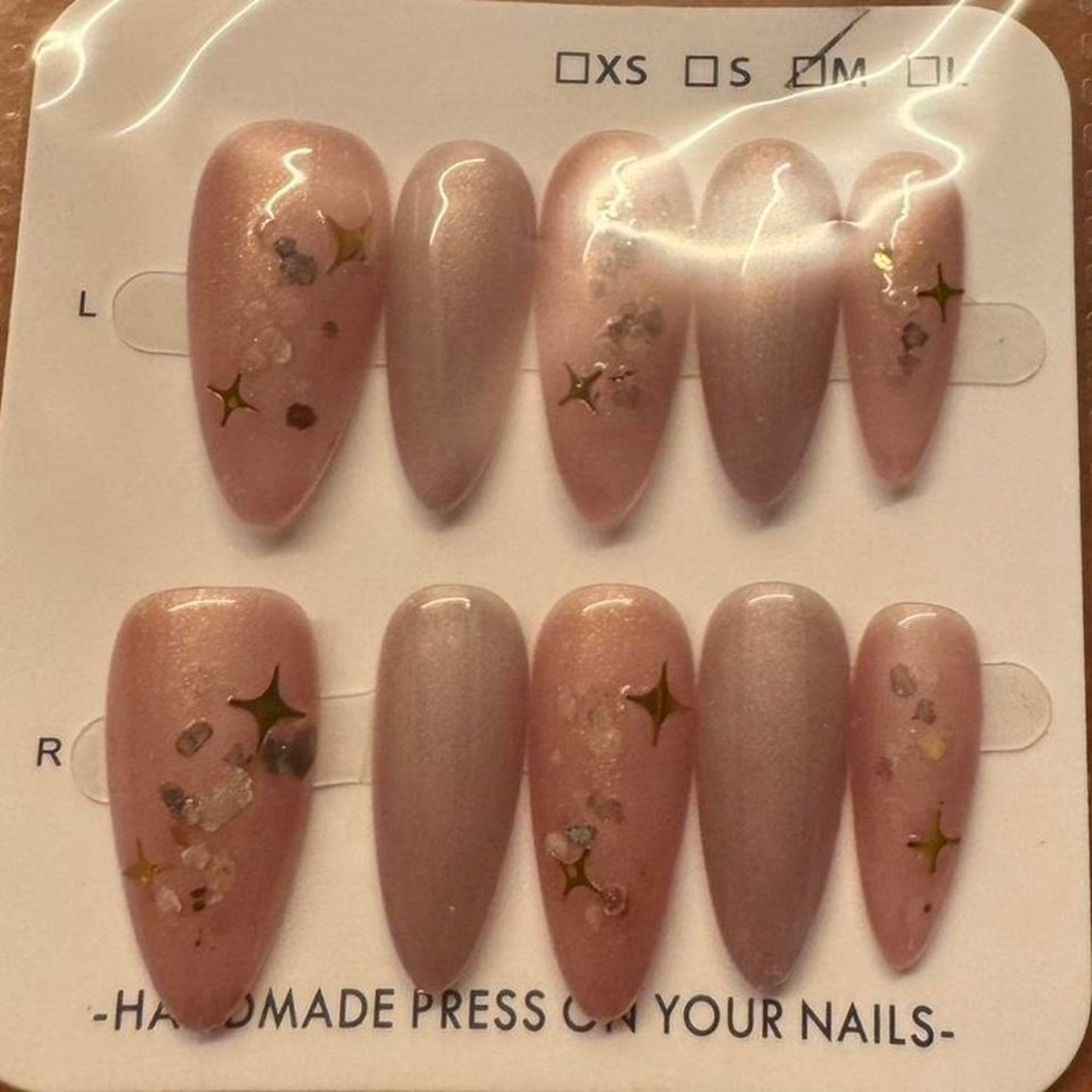 Press On Nails‎ Almond Nude Pink Glitter Star Handmade Fake Nails
